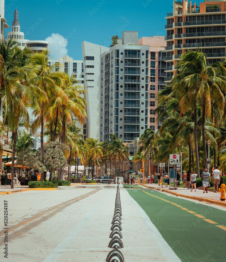 Obraz premium beach city miami street people walking summer palms