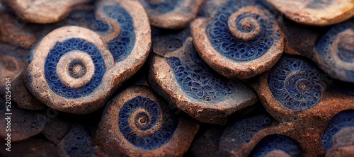 Mesmerizing lapis lazuli deep dark blue mosaic, stunning carved symbol rock art, layered ammonite spirals with sandstone brown accents. highly detailed 3d illustration rendering. 