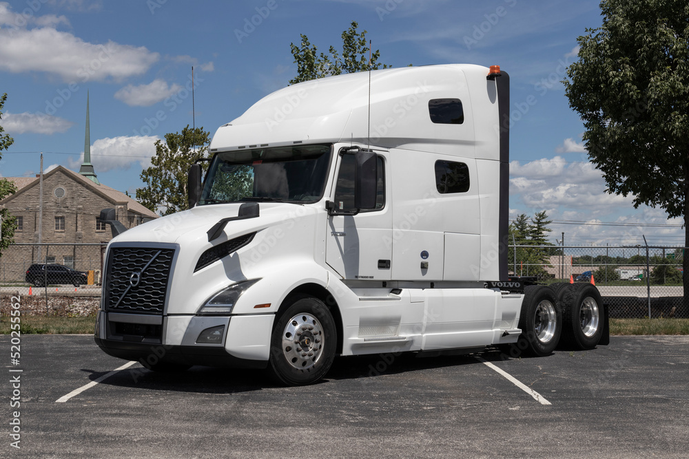 Volvo Semi Tractor Trailer Big Rig Truck display at a dealership. Volvo  Trucks is one of the largest truck manufacturers. Stock Photo