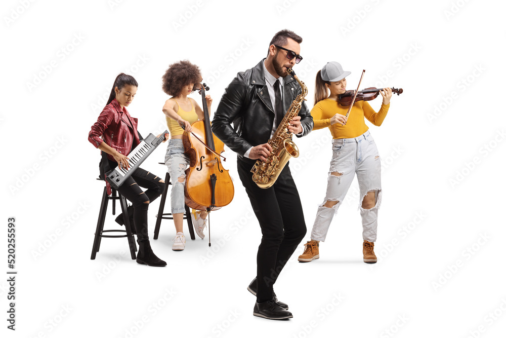 Naklejka premium Music band consisting of female musicians on cello, violin and keytar and a man with a saxophone