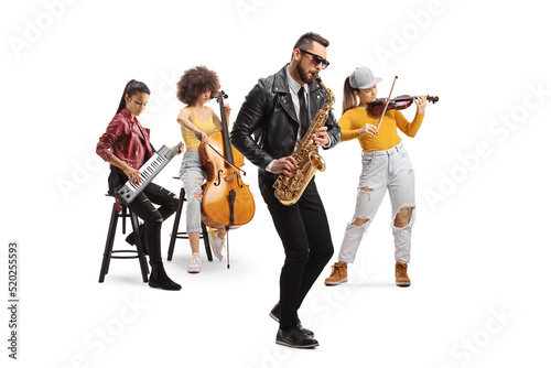 Music band consisting of female musicians on cello, violin and keytar and a man with a saxophone