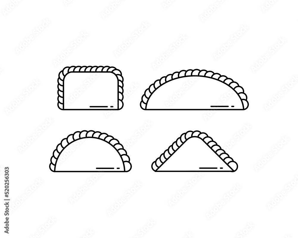 Set of 4 simple empanadas icons with different shapes. Vector line art illustration. Drawings for logos and food brands. Semicircular, square and triangular empanadas.