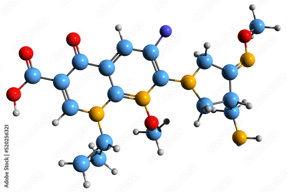 3D image of Gemifloxacin skeletal formula - molecular chemical structure of Gemifloxacin mesylate isolated on white background
3D image of Gemifloxacin skeletal formula - molecular chemical structure of Gemifloxacin mesylate isolated on white background