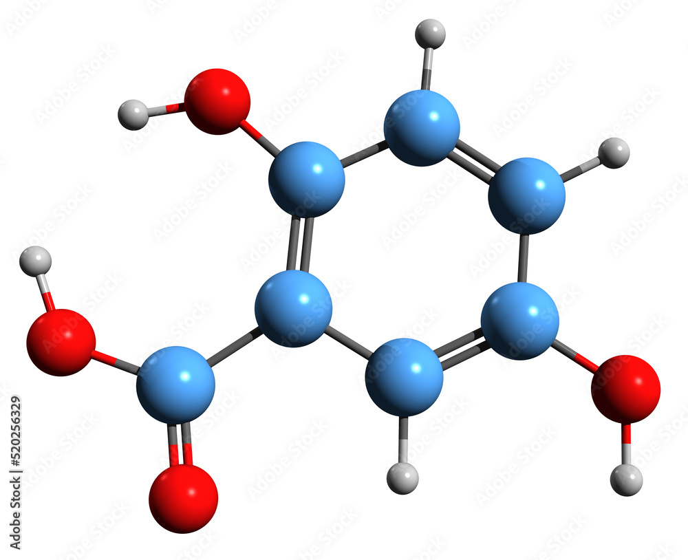 3D image of Gentisic acid skeletal formula - molecular chemical structure of dihydroxybenzoic acid isolated on white background
3D image of Gentisic acid skeletal formula - molecular chemical structure of dihydroxybenzoic acid isolated on white background