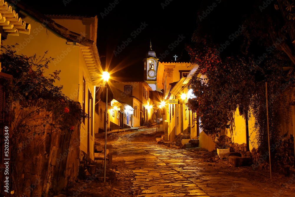 Tiradentes, Minas Gerais, night view of the street and church of santo antonio