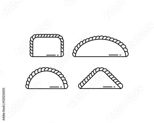 Set of 4 simple empanadas icons with different shapes. Vector line art illustration. Drawings for logos and food brands. Semicircular, square and triangular empanadas.