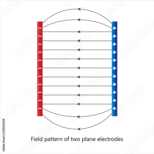 Electric field pattern of two plane electrodes. Electric field lines