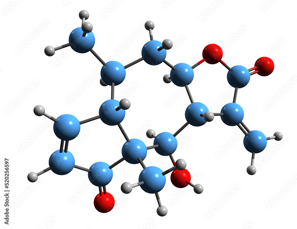 3D image of Helenalin skeletal formula - molecular chemical structure of toxic sesquiterpene lactone isolated on white background
3D image of Helenalin skeletal formula - molecular chemical structure of toxic sesquiterpene lactone isolated on white background