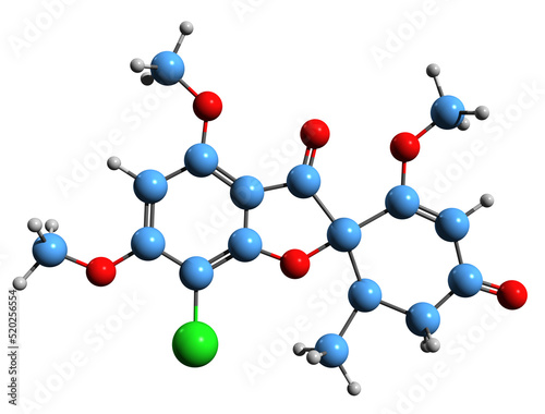  3D image of Griseofulvin skeletal formula - molecular chemical structure of  antifungal medication isolated on white background
 photo