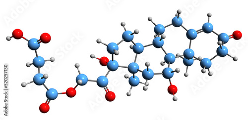 3D image of Hydrocortisone hemisuccinate skeletal formula - molecular chemical structure of synthetic glucocorticoid corticosteroid isolated on white background
