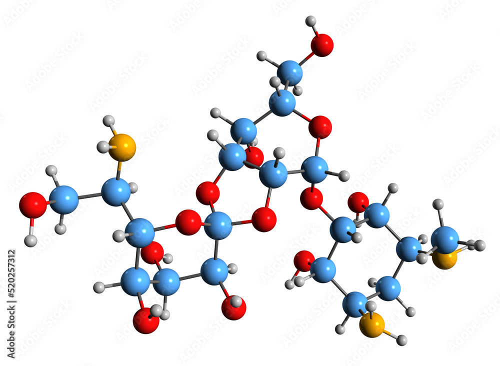 3D image of Hygromycin B skeletal formula - molecular chemical structure of antibiotic isolated on white background
3D image of Hygromycin B skeletal formula - molecular chemical structure of antibiotic isolated on white background