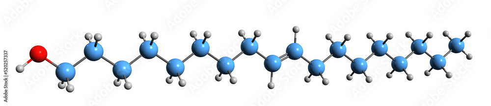 3D image of Oleyl alcohol skeletal formula - molecular chemical structure of unsaturated fatty alcohol isolated on white background 3D image of Oleyl alcohol skeletal formula - molecular chemical structure of unsaturated fatty alcohol isolated on white background
