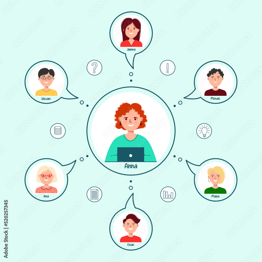 Vector flat illustration of an online conference. Different men and women in an online meeting. People connect, business infographics, distant work, teleconferencing, videoconferencing, work meeting. Vector flat illustration of an online conference. Different men and women in an online meeting. People connect, business infographics, distant work, teleconferencing, videoconferencing, work meeting.