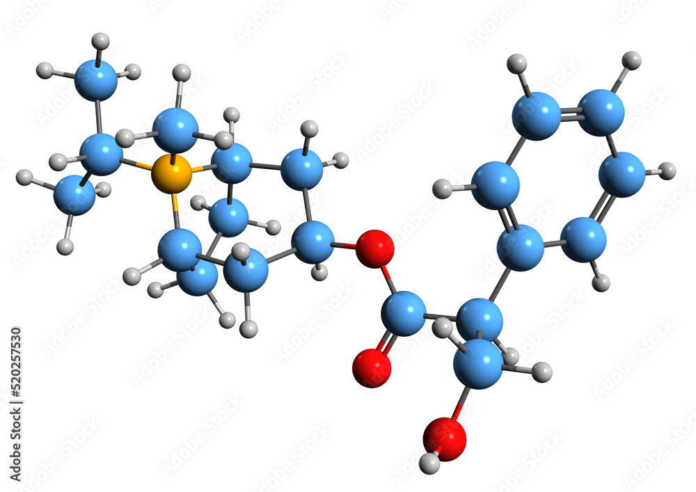  3D image of Ipratropium bromide skeletal formula - molecular chemical structure of anticholinergic medication isolated on white background
