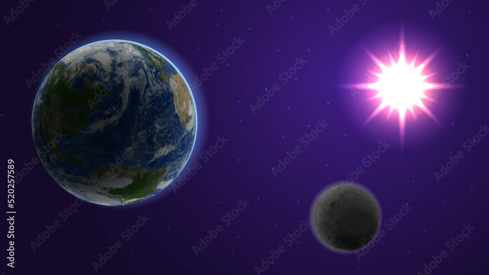 Earth, Moon and Sun. Outer space with stars background.