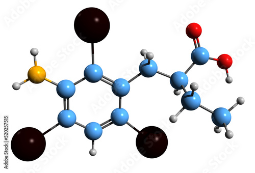  3D image of Iopanoic acid skeletal formula - molecular chemical structure of radiocontrast medium isolated on white background
 photo