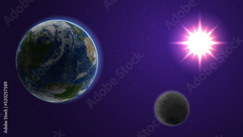 Earth, Moon and Sun. Outer space with stars background.