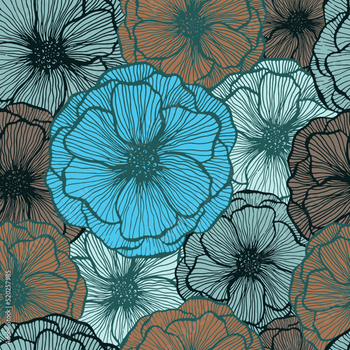 Poppy flower doodle  floral vector seamless pattern summer  fabric print design. Line texture petals