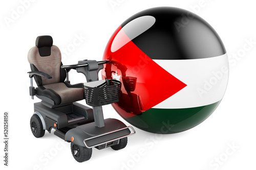 Jordanian flag with indoor powerchair or electric wheelchair, 3D rendering
