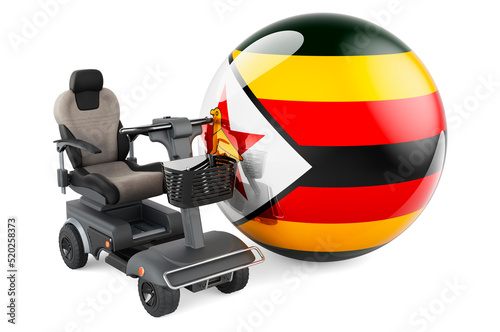 Zimbabwean flag with indoor powerchair or electric wheelchair, 3D rendering
