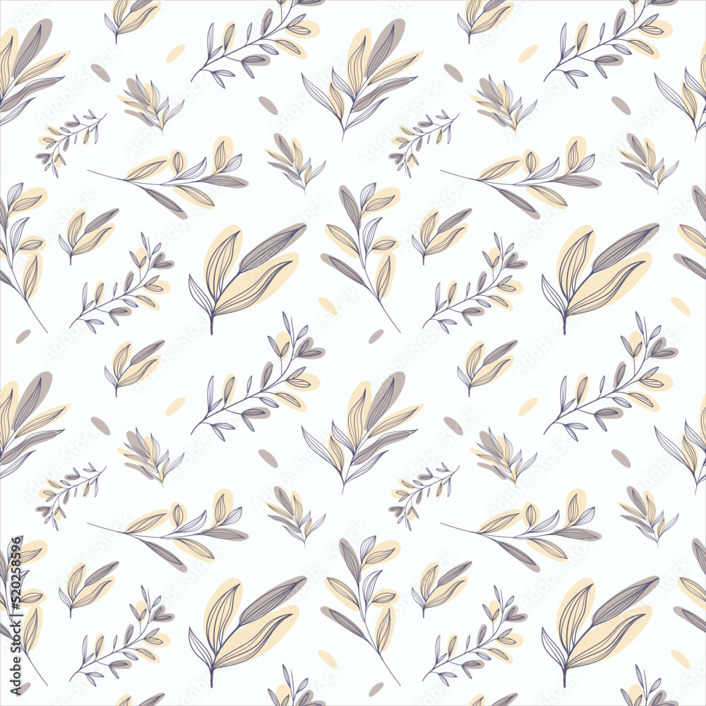 Seamless pattern with a collection of botanical leaves in delicate colors. linear leaves flat illustration. Abstract plant art design for print, cover, wallpaper, minimal and natural background art