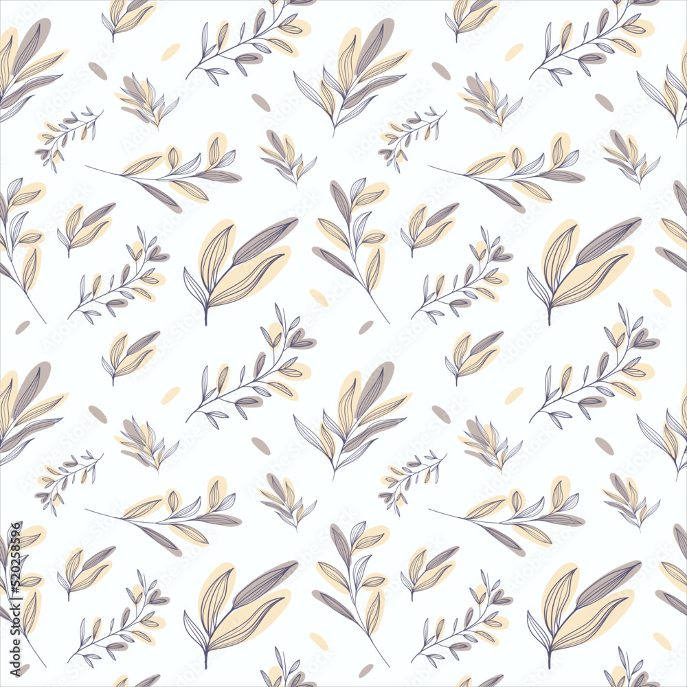 Fototapeta premium Seamless pattern with a collection of botanical leaves in delicate colors. linear leaves flat illustration. Abstract plant art design for print, cover, wallpaper, minimal and natural background art