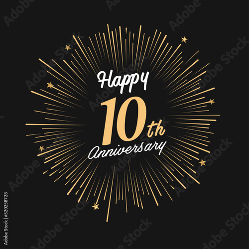 Happy 10th Anniversary with fireworks and star on dark background.