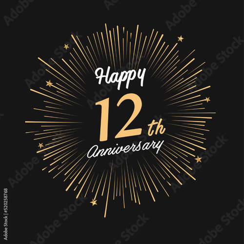 Happy 12th Anniversary with fireworks and star on dark background.