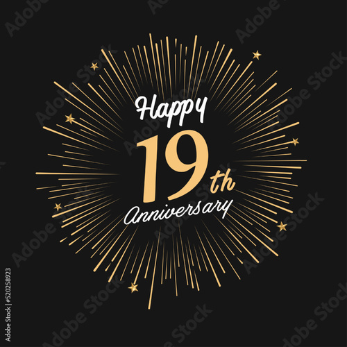 Happy 19th Anniversary with fireworks and star on dark background.