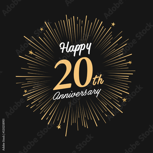 Happy 20th Anniversary with fireworks and star on dark background.