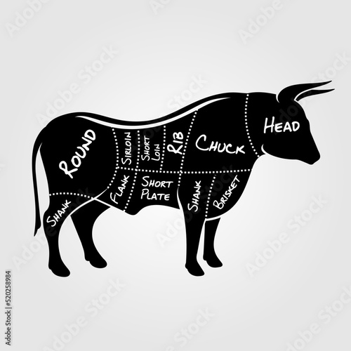 Cuts of Beef. Butchery diagram with silhouette of bull