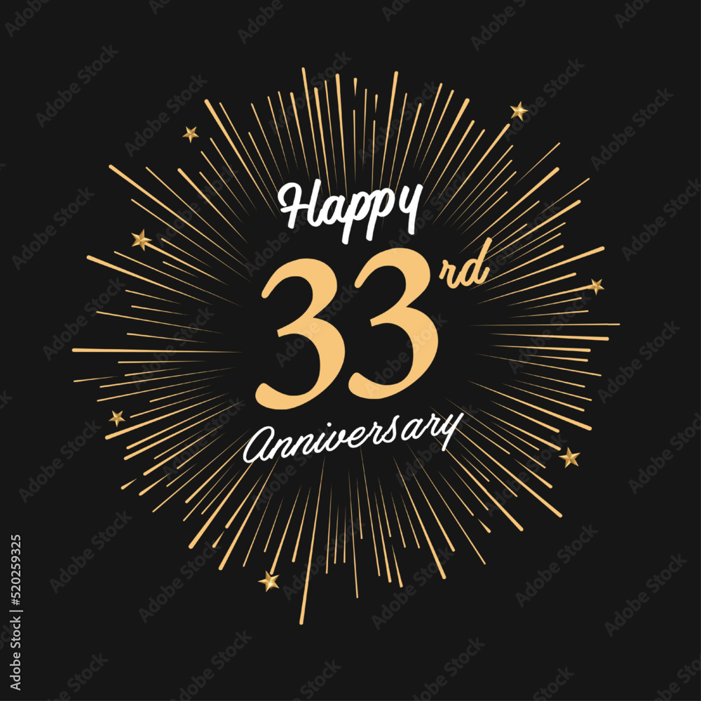 Happy 33rd Anniversary with fireworks and star on dark background.