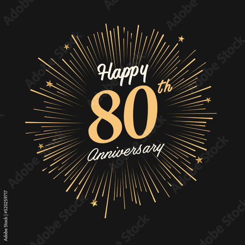 Happy 80th Anniversary with fireworks and star on dark background.