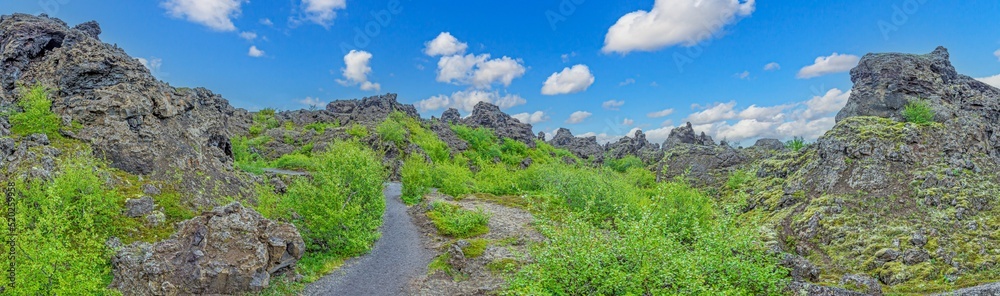 Panoramic picture from the volcanic lava fields of Myvatn on Iceland
