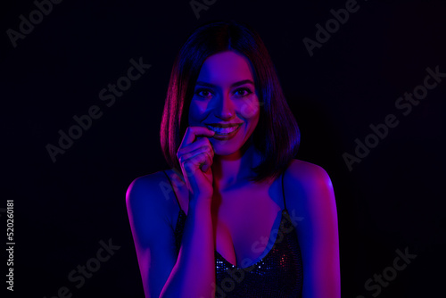 Portrait of flirty stylish lady biting her nail finger flirting with handsome man dance floor disco hall nightclub