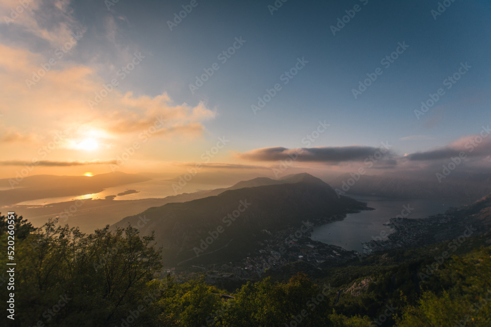 Sunset Bay of Kotor (Boka Kotorska) at Adriatic Sea, southwestern Montenegro