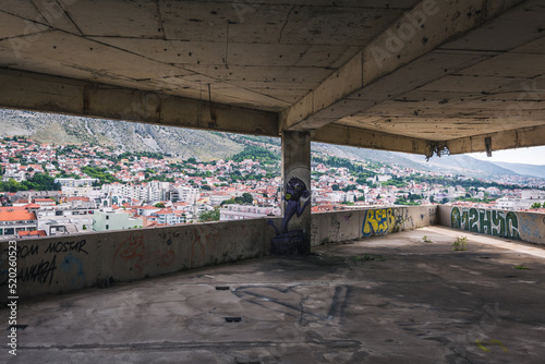 Mostar, Bosnia i Hercegovina, View from abandoned Snipertower building in Mostar. Positioning of the Sniper in the Bosnian War