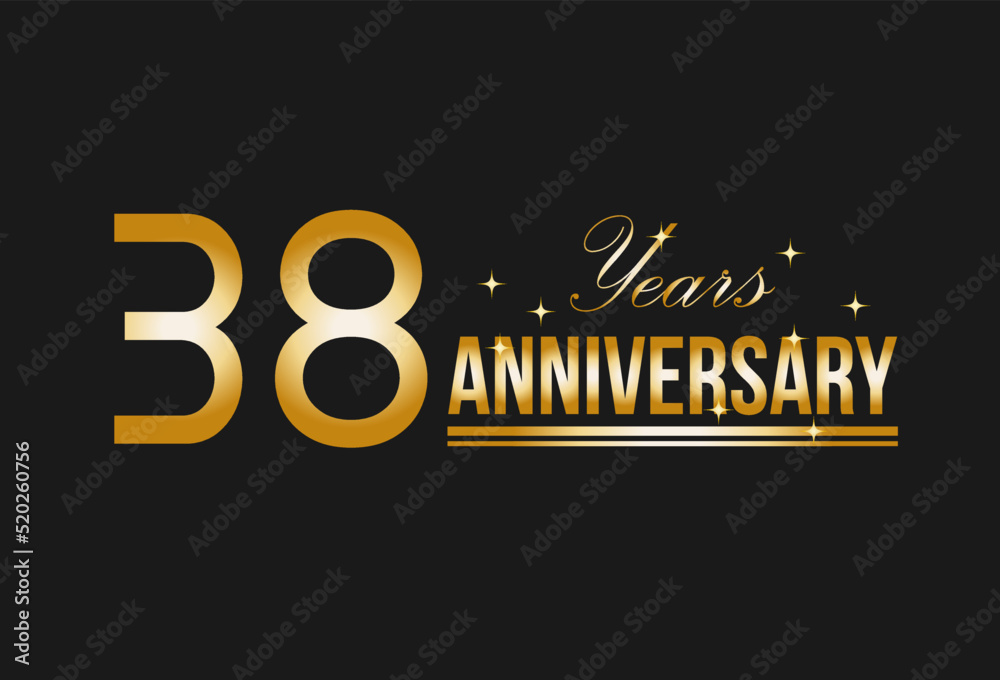 38 years anniversary gold glitter. Decorative element for postcards, banners, posters, greetings and birthday.