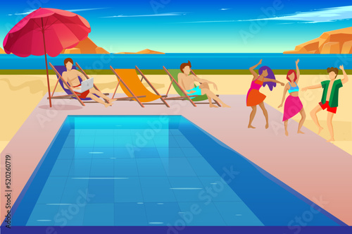 pool party, sea, deck chair, basin, people are dancing at the party