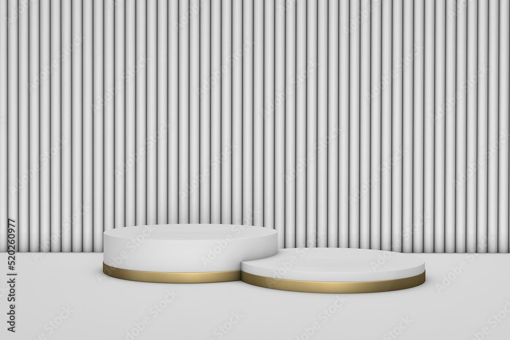 3d rendering white podium modern geometry with gold strip on the white background for product display mockup background or modern graphic resource template. 3d rendering white podium modern geometry with gold strip on the white background for product display mockup background or modern graphic resource template.
