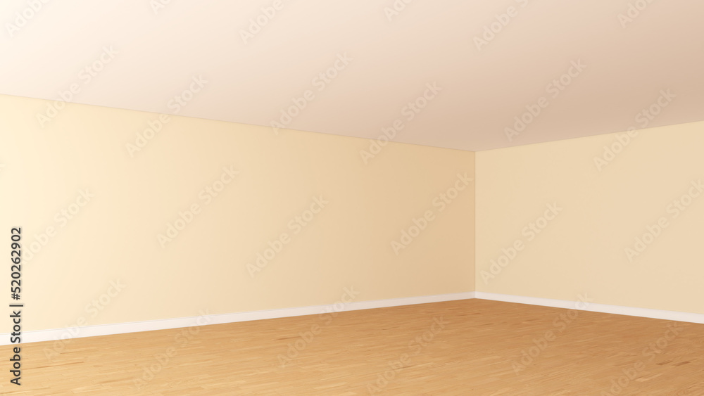 Naklejka premium Empty Interior Corner with LIght Beige Walls, White Ceiling, Light Parquet Flooring and a White Plinth. Unfurnished Empty Room Concept. Perspective View. 3D rendering, Ultra HD 8K, 7680x4320, 300 dpi