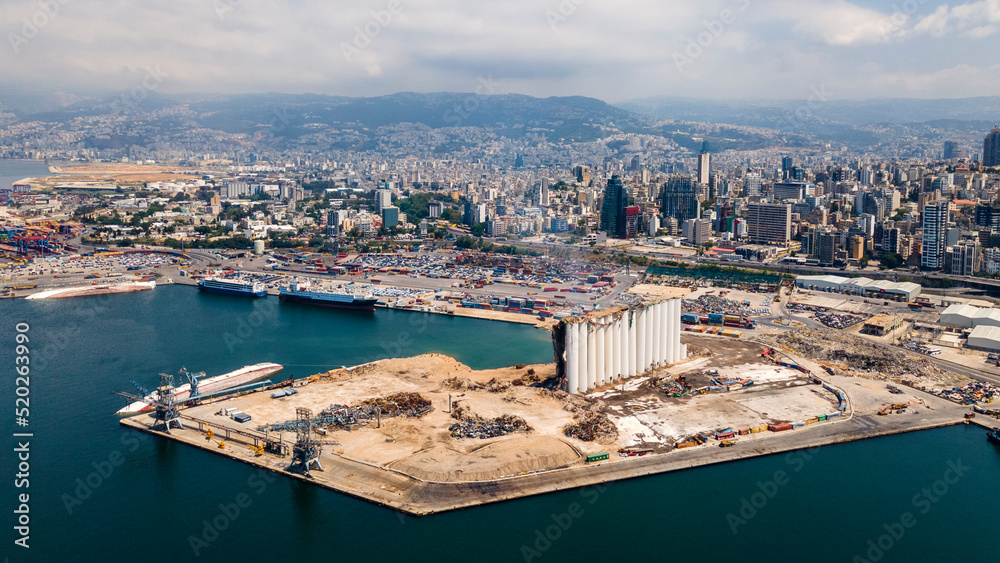 Fototapeta premium Beirut Port Explosion Blast Site Drone Shot - August 2022