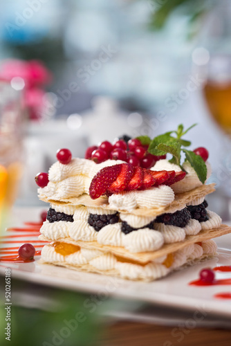 Fruit cake with cream  food photography.