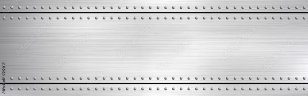 Metal rivets wide texture. Polished steel with light effect. Scratched metallic background. Metal alloy frame. Bright industrial template. Vector illustration