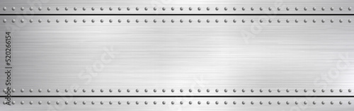 Metal rivets wide texture. Polished steel with light effect. Scratched metallic background. Metal alloy frame. Bright industrial template. Vector illustration