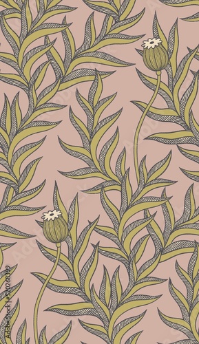 Seamless pattern with poppy heads and leaves