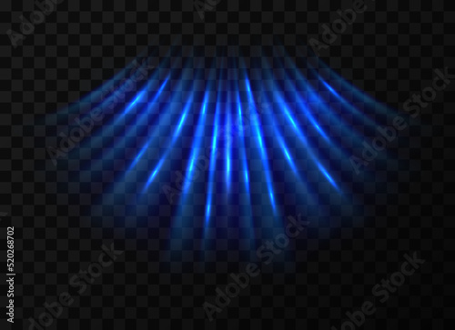 Fresh air flow from the conditioner. Blue neon rays. Cold wind or frost. Humidification and air purification. Vector light effect on transparent background