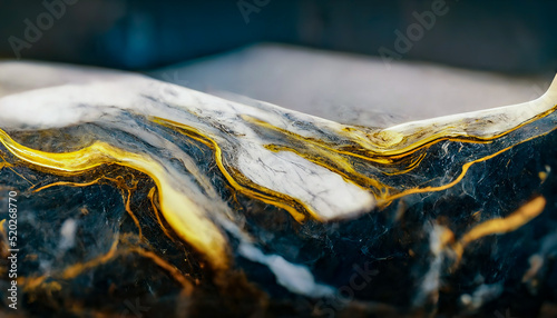 Marble background. Blue marble cut natural stone with gold. Strokes Watercolor marble ink. 3D illustration.