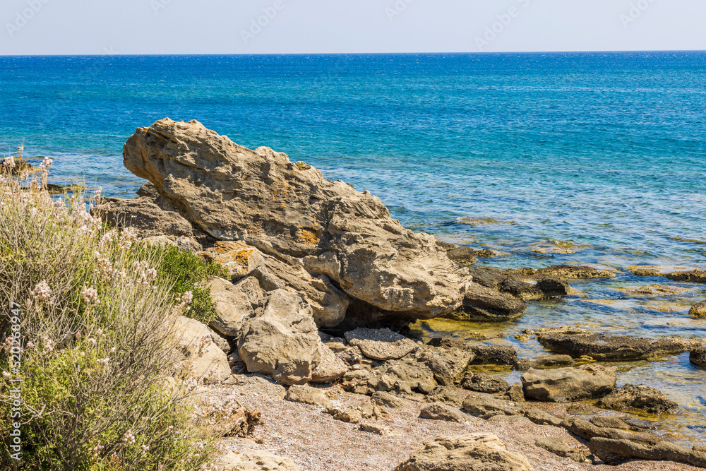 Beautiful view of rocky shore in Mediterranean Sea.