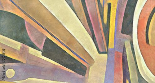An abstract semi-geometric constructivist style artwork similar to early 20th century oil and mixed media painting styles.